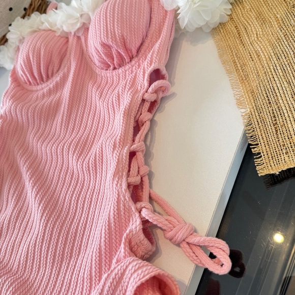 Miu Miu Pink Ruffle One-Piece Swimsuit with Floral Trim - Picture 10 of 10